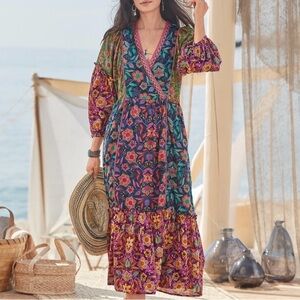 Sundance Tropic Dreams Floral Print Tiered Color Block Maxi Midi Dress Small